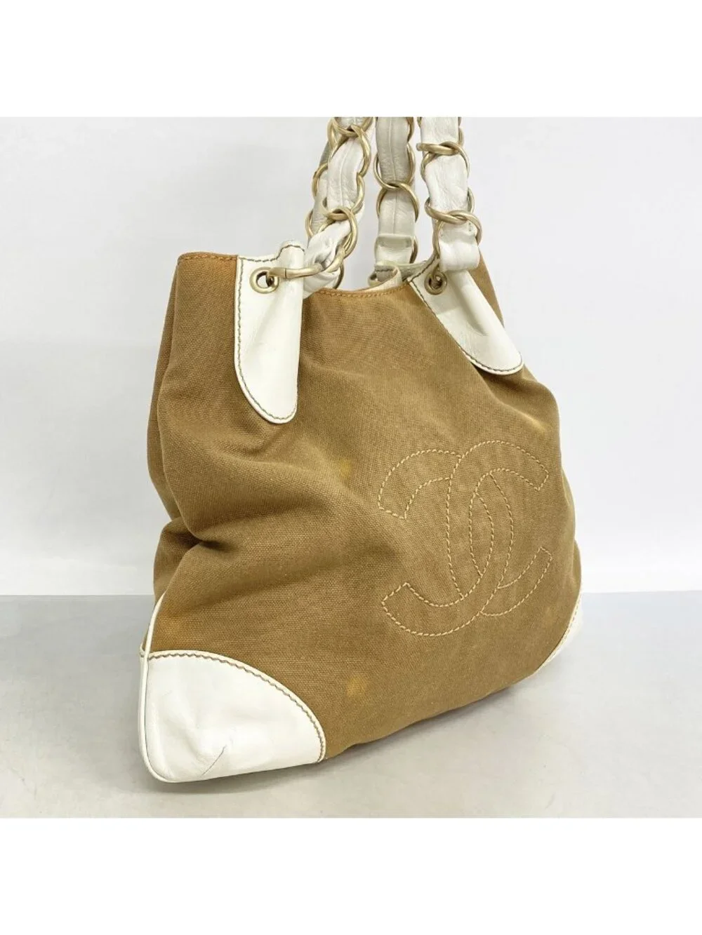 Chanel Chain Tote Canvas Beige White Gold